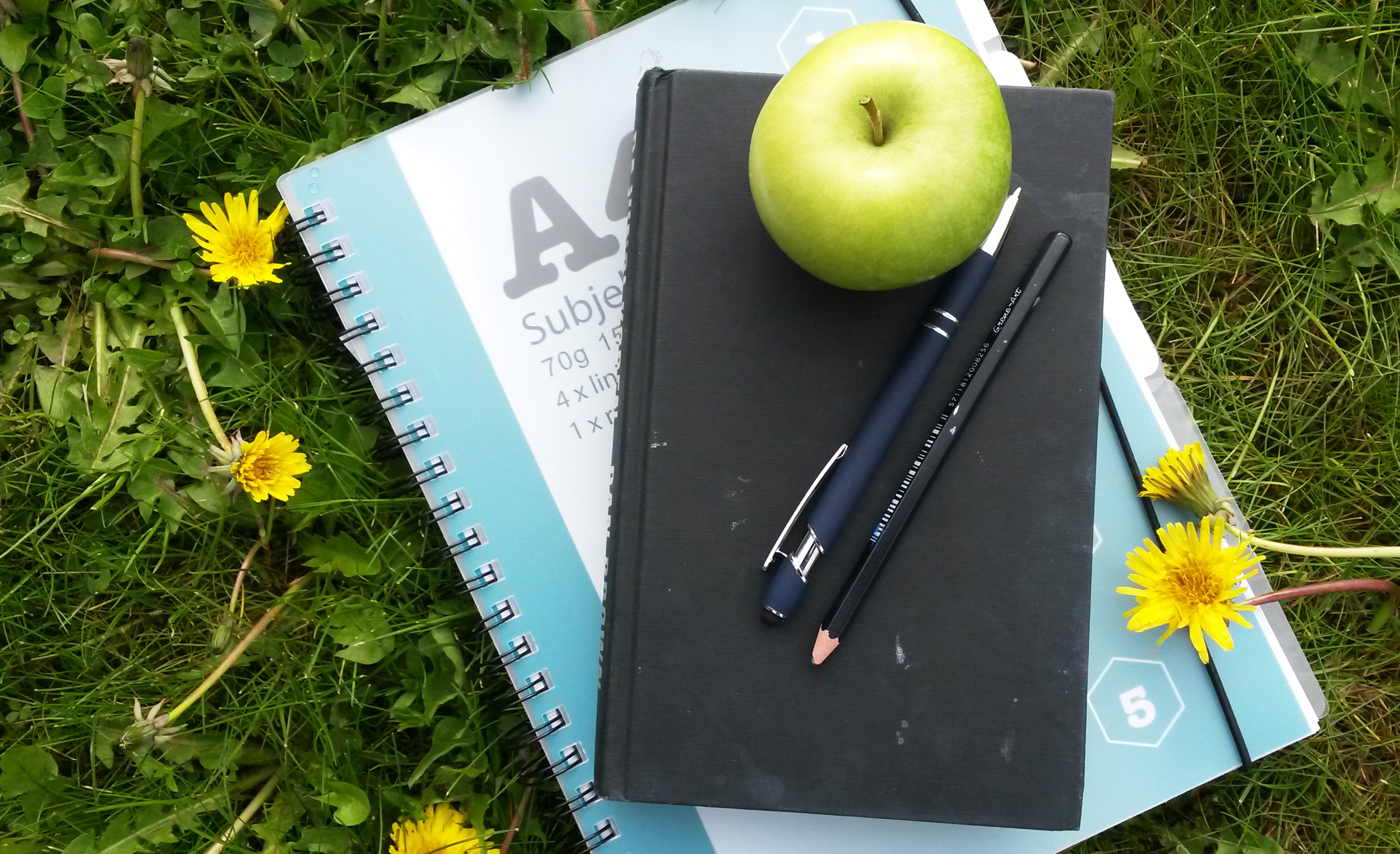 Bøker, eple og skrivesaker ligger på gresset med løvetannblomster.