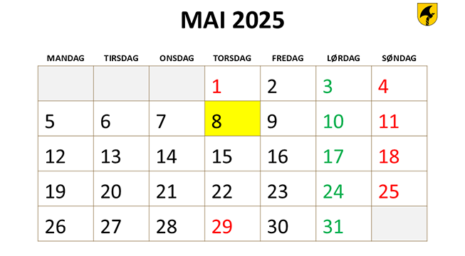 Bilde av kalenderen for mai 2025.
