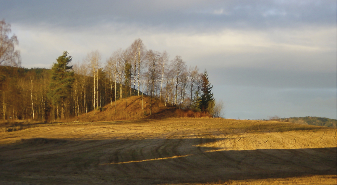 bilde av gravhaug med åker i forgrunnen