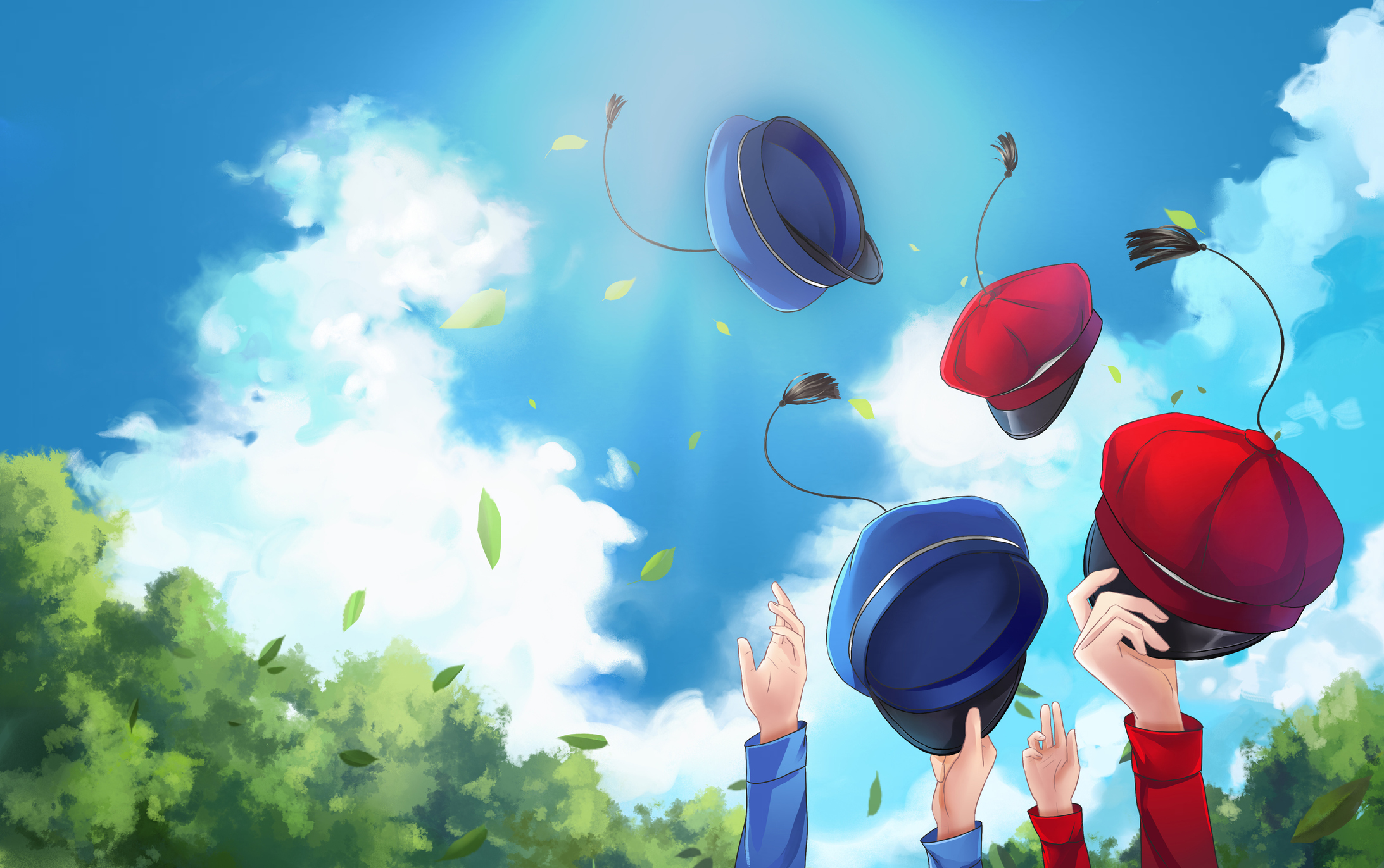 Sommerbilde med russeluer som kastes opp i lufta