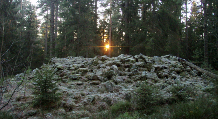gravrøys i skog med solnedgang