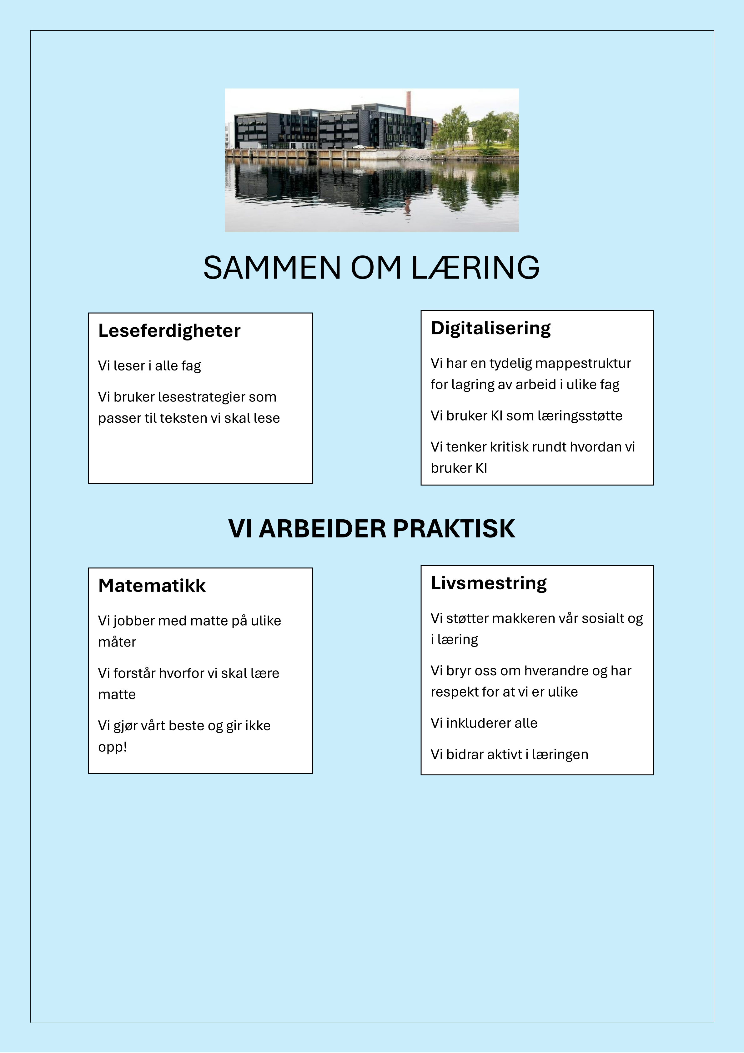 Lyseblå plakat som forteller om Skien vgs sin visjon og utviklingsplan.