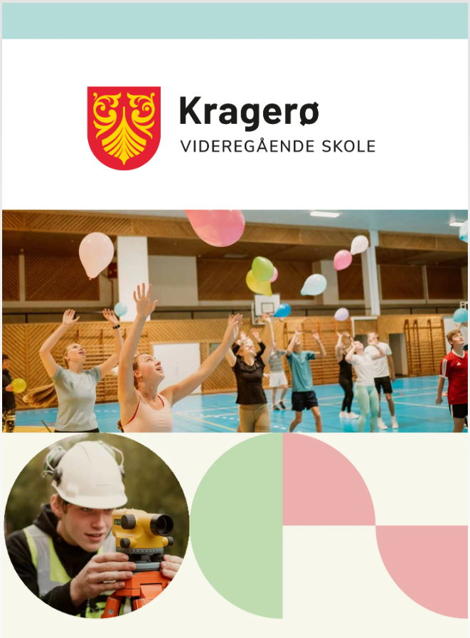 Forsiden viser logo, ett stort bilde fra idrettslinja og ett lite fra bygg.